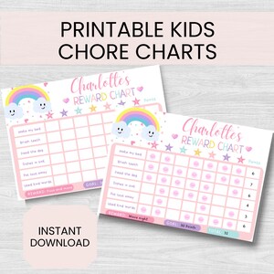 May include: Printable chore chart for kids with a rainbow and clouds theme. The chart is pink and has a space for a child's name. It includes a list of chores and a space to track points earned. The chart has a goal of 30 points and a total of 32 points earned. The reward for completing the chart is a movie night.