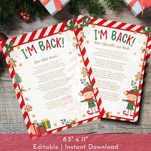 May include: Printable Elf 'I'm Back!' letter with red and white striped border, gold stars, and gingerbread men. The letter is addressed to 'Charlotte and Noah' and includes a poem about the Elf's return from the North Pole.