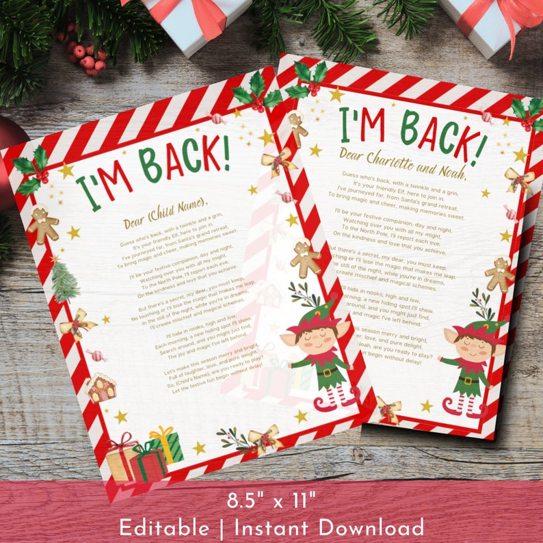May include: Printable Elf 'I'm Back!' letter with red and white striped border, gold stars, and gingerbread men. The letter is addressed to 'Charlotte and Noah' and includes a poem about the Elf's return from the North Pole.