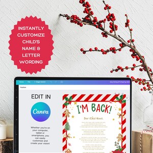 May include: A digital screen displaying a Canva design template for a Christmas elf letter. The template features a red and white striped border with gingerbread men and candy cane accents. The text "I'm Back!" is displayed in a red banner. The text "Dear (Child Name)." is displayed below the banner. The text "Whether you're on your computer, tablet or smartphone, you can easily customize and create your vision!" is displayed in the lower left corner of the screen.