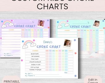 Könnte beinhalten: Druckbare Aufgabenliste mit einem Regenbogen- und Wolken-Design. Die Liste enthält Platz für ein Kinderfoto, eine Liste der Aufgaben und ein Raster zur Verfolgung des täglichen Fortschritts. Der Text "Emma's Chore Chart" befindet sich oben auf der Liste.