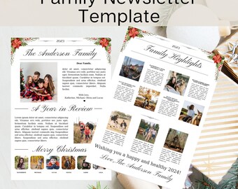 Könnte beinhalten: Eine druckbare Familien-Newsletter-Vorlage mit einem Weihnachts-Thema. Die Vorlage zeigt ein rotes und grünes Blumenmuster mit einem festlichen Kranz. Der Text enthält "The Anderson Family" und "A Year in Review".