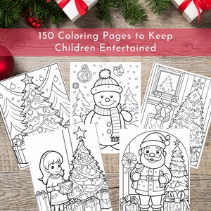 May include: Four black and white coloring pages featuring Christmas themes. The pages include a snowman, Santa Claus, a girl decorating a Christmas tree, and a Christmas tree with presents.