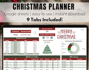 Könnte beinhalten: Ein Computerbildschirm zeigt eine Weihnachtsplaner-Tabelle mit festlichem Thema. Die Tabelle enthält eine Budgetübersicht, eine Geschenkliste und einen Tracker sowie eine Aufstellung der Ausgaben. Die Tabelle ist mit "Weihnachtsplaner" betitelt und enthält die Daten "25. Dezember 2023" und "6. November 2023".