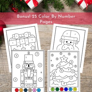 May include: Three black and white coloring pages featuring a Christmas tree, a nutcracker, and a snowman. Each page has numbers in the outline of the image and a color key at the bottom with six different colors.