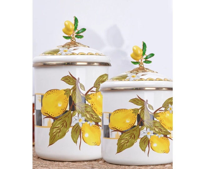 Enamel Jar, Canister, Kitchenware set, lemon pattern jar, Tea jar, Coffee canister, Cookie Jar