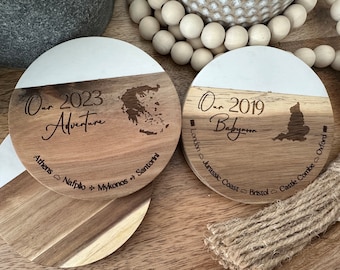 Custom Engraved Marble Wood Coaster, Travel Gift, Vacation, Destination Wedding, Honeymoon, Babymoon, Bachelorette, Anniversary, Gift Set