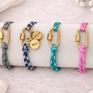Personalized Rope Bracelet with Gold Carabiner, Customizable Charms, Adjustable Cord Bracelet