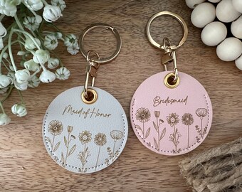 Personalized Bridesmaid Keychain, Engraved Leather Keychain, Bridesmaid Gift, Maid of Honor Gift, Mother of the Bride, Mother of the Groom