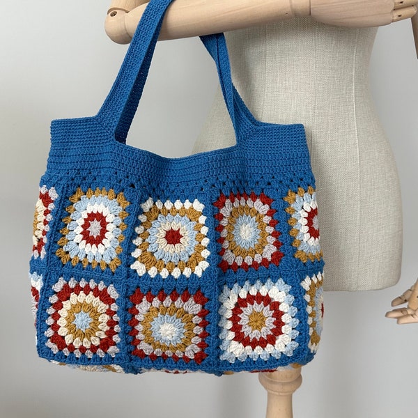 Handmade Crochet Cotton Bag - Bohemian Granny Square Tote - Colorful Crocheted Gift for Her