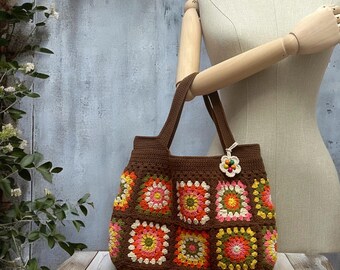 Sac Bandoulière été Femme - Coton Crocheté Motifs Granny Square Bleu - Fait Main - Neuf Sans étiquette