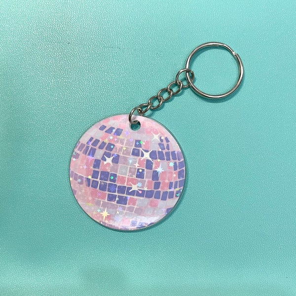 Pink Glitter Disco Ball, Mirror Ball Acrylic Key Ring, 2 inch, Pink, Purple, Key Chain