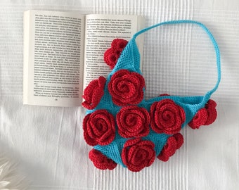 Blue & Red Rose Handbag, SMALL