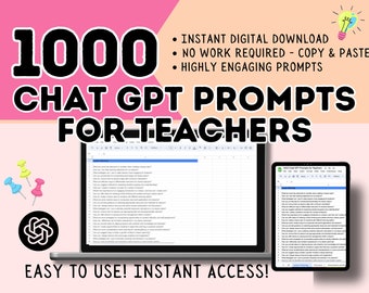 1000 Chat GPT Prompts for Teachers | AI Prompts | AI Prompt Guide for Teaching | Lesson Planning Template | Gpt Chat Prompts |Chat Gpt Ebook