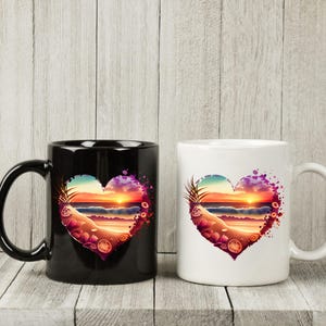 Sunset Beach Heart Watercolor Ceramic Mug, Summer Gift, Summer Mug, Ocean Lover Gift, Beach Theme Coffee Cup, Black or White Mug