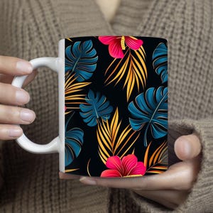 Ceramic Mug, Hawaiian Pattern, Hibiscus Monsterra, Affordable Summer Coffee Cup - Gift for Beach Lovers, Vacation Souvenir, Island Vibes
