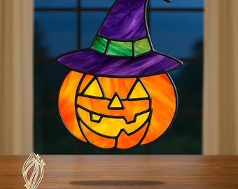 Patrón de vitral de calabaza de Halloween: Diseño de atrapasol DIY (Descarga PDF)