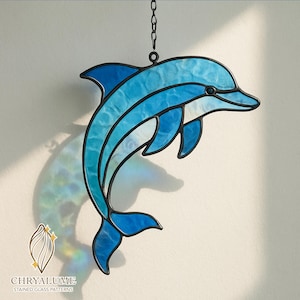 Patrón de vitral de delfín azul, atrapasol de criaturas marinas, patrón de vitral de delfín, decoración de vidrio para el hogar, PDF de vitrales DIY