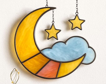 Patrón de vitral de luna creciente y estrellas: Atrapasol DIY (PDF)