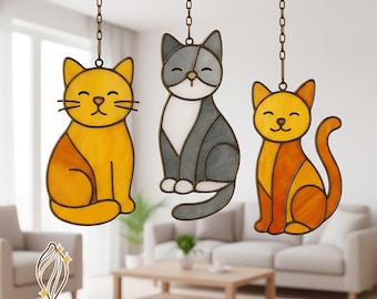 Conjunto de 3 patrones de vitrales con gatos: Decoración para ventanas con atrapasol (Descarga instantánea en PDF)