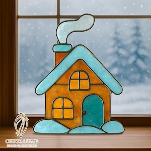 Winter Christmas House Stained Glass Pattern, Winter House Suncatcher, House Stained Glass Pattern, Home Decor Glass, DIY Stained Glass PDF