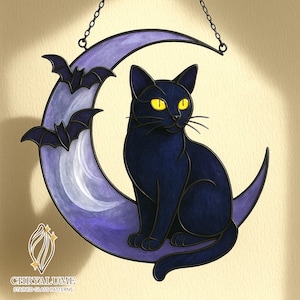 May include: Stained glass art piece featuring a black cat with yellow eyes perched on a purple crescent moon, with two bats. The artwork is suspended by a chain. The design includes the text "CHRYALUME STAINED GLASS PATTERNS".
