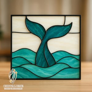 Blue Whale Waves Stained Glass Pattern, Ocean Creatures Suncatcher, Whale Stained Glass Pattern, Home Decor Glass, DIY Stained Glass PDF