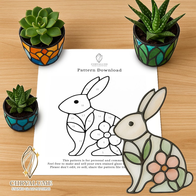 Simple Stained Glass Rabbit Folklore Rabbit Stained Glass Pattern: Flower Suncatcher DIY (PDF) - Etsy