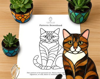 Schattige kat gebrandschilderd glaspatroon PDF, digitale download patroon gebrandschilderd glas, DIY Suncatcher gebrandschilderd glas Home Decor, kunstdecor, glasontwerp