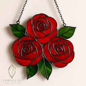 Roses Stained Glass Pattern, Red Roses Stained Glass Pattern, Suncatcher Birth Flower, Home Decor Glass, DIY Stained Glass, Wall Art Gift