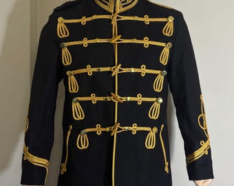 Vintage Hussar Jacket: Black & Gold Embroidered Steampunk Attila Coat