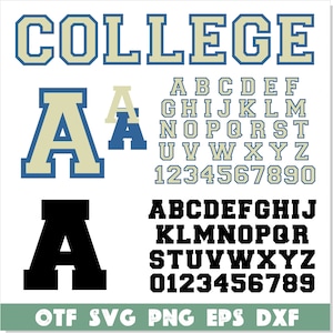 May include: A digital design file for a college themed alphabet and the word "COLLEGE" in a vintage style font. The letters are in a cream color with a blue outline. The font is available in OTF, SVG, PNG, EPS, and DXF formats.