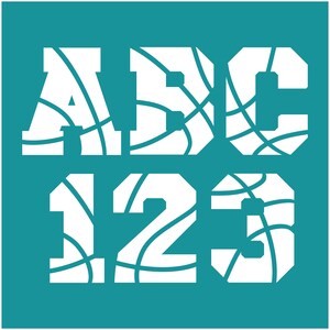 以下が含まれることがあります： ターコイズブルーの背景に、バスケットボール柄の白い文字と数字。文字は「ABC」、数字は「123」です。