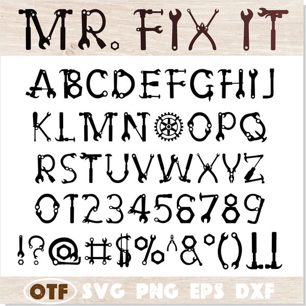 Tool Font TTF SVG PNG | Mr Fix font otf, tools alphabet, tool letters, Mr Fix font svg ttf, dad font, tools svg, Tool font svg handyman font