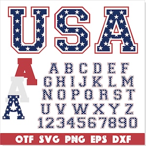 May include: A red, white, and blue alphabet with stars in the letters. The letters are in a bold, blocky font. The letters are arranged in alphabetical order, followed by the numbers 1 through 9. The words "OTF SVG PNG EPS DXF" are at the bottom of the image.