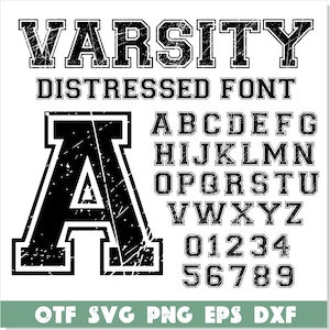 Peut inclure: Un alphabet de police distressée en noir avec un contour blanc. La police s'appelle "Varsity" et comprend des lettres majuscules, des chiffres et le mot "Varsity". Les lettres sont dans un style gras et en bloc avec un aspect vieilli et détérioré.