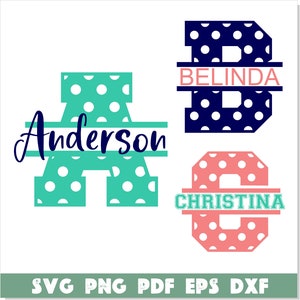May include: Three split monogram designs with polka dots. The first design is a teal "A" with the name "Anderson" in a navy blue banner. The second design is a navy blue "B" with the name "Belinda" in a pink banner. The third design is a pink "C" with the name "Christina" in a teal banner.