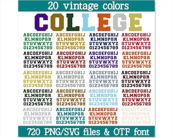 College Font Bundle - 20 Vintage Color Sports Letters Numbers Alphabet PNG SVG TTF files