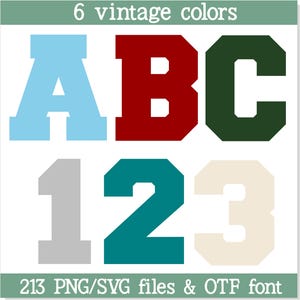 6 Vintage Color College Font Alphabet PNG SVG TTF | Sports Letters Numbers