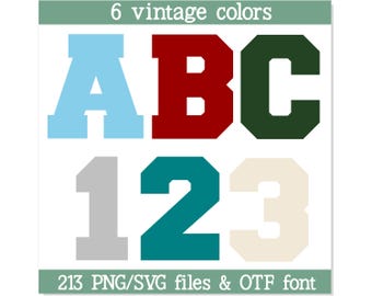 6 Vintage Color College Font Alphabet PNG SVG TTF | Sports Letters Numbers