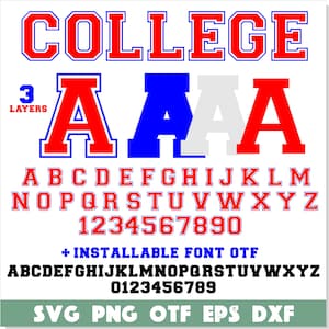 Pode incluir: Um download digital de um design de fonte de três camadas em vermelho, branco e azul. A fonte inclui letras maiúsculas, números e a palavra "COLLEGE".