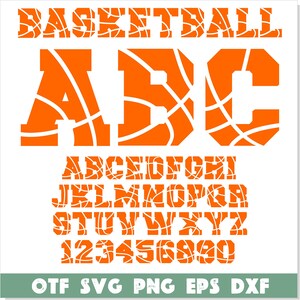 以下が含まれることがあります： オレンジ色のバスケットボールをテーマにしたアルファベットと数字。A、B、Cの文字が大きく表示され、その後にアルファベット全体と0までの数字が小さく表示されています。