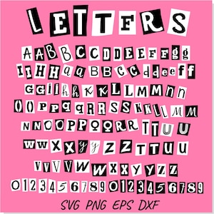 Könnte beinhalten: Ein rosa Hintergrund mit dem Wort "LETTERS" oben. Das Bild zeigt eine Schriftart im Lösegeldstil mit Buchstaben und Zahlen, die aus verschiedenen Quellen ausgeschnitten wurden. Die Buchstaben und Zahlen sind in Schwarz und Weiß.