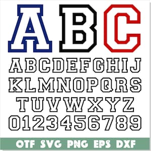 May include: A black and white alphabet with a blue and red outline for the letters A, B, and C. The alphabet includes uppercase letters and numbers 0-9. The text "OTF SVG PNG EPS DXF" is at the bottom of the image.
