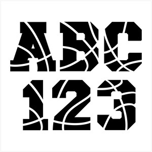 以下が含まれることがあります： A、B、Cの文字と1、2、3の数字の白黒のグラフィックデザイン。各文字と数字はバスケットボールのようにデザインされています。