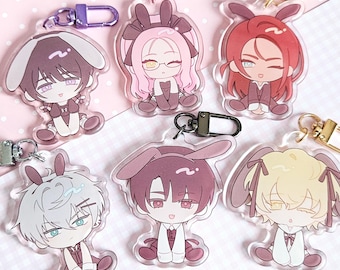Puede incluir: Colección de llaveros acrílicos con personajes de estilo anime con orejas de conejo. Cada llavero tiene un color de pelo y atuendo diferente, con cierres metálicos para sujetar a bolsos o llaves.