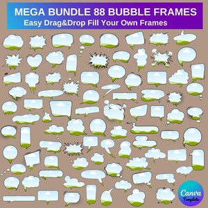 May include: A set of 88 different speech bubble frames in various shapes and sizes. The frames are white with a blue sky and green grass background. The frames are perfect for adding text or images to your designs.