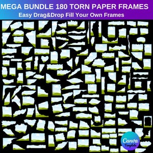 Mega Bundle 180 Torn Paper Frames, Ripped Edges,Canva Photo Frames, Digital Scrapbook Overlays, Fill Your Own Drag Drop Templates