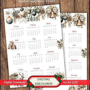 Calendario navideño imprimible 2025, calendario de pared anual de Navidad 2025, calendarios de Año Nuevo, inicio de lunes y domingo en formato A3 A4, decoración navideña