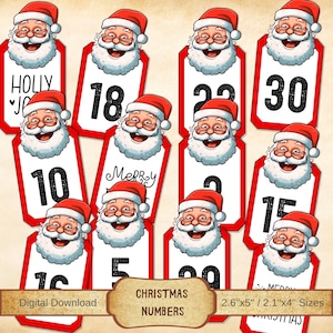 Afdrukbare kerstadventnummers, doe-het-zelf aftellen, vakantienummers, december dagelijkse nummers, kerstdecoratie printables, 1-30